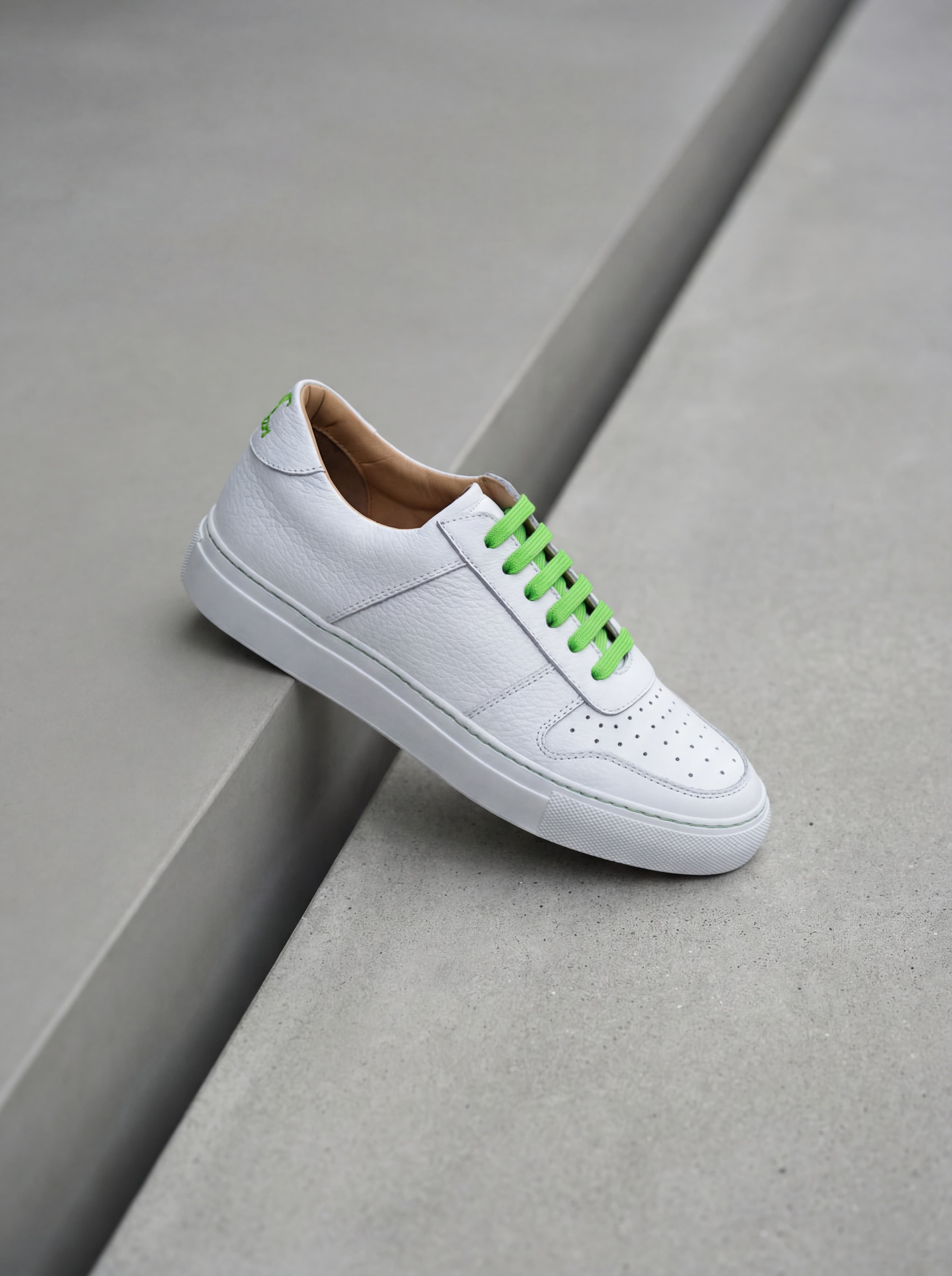 Serfan Sneakers - Premium white leather with forest green accent laces