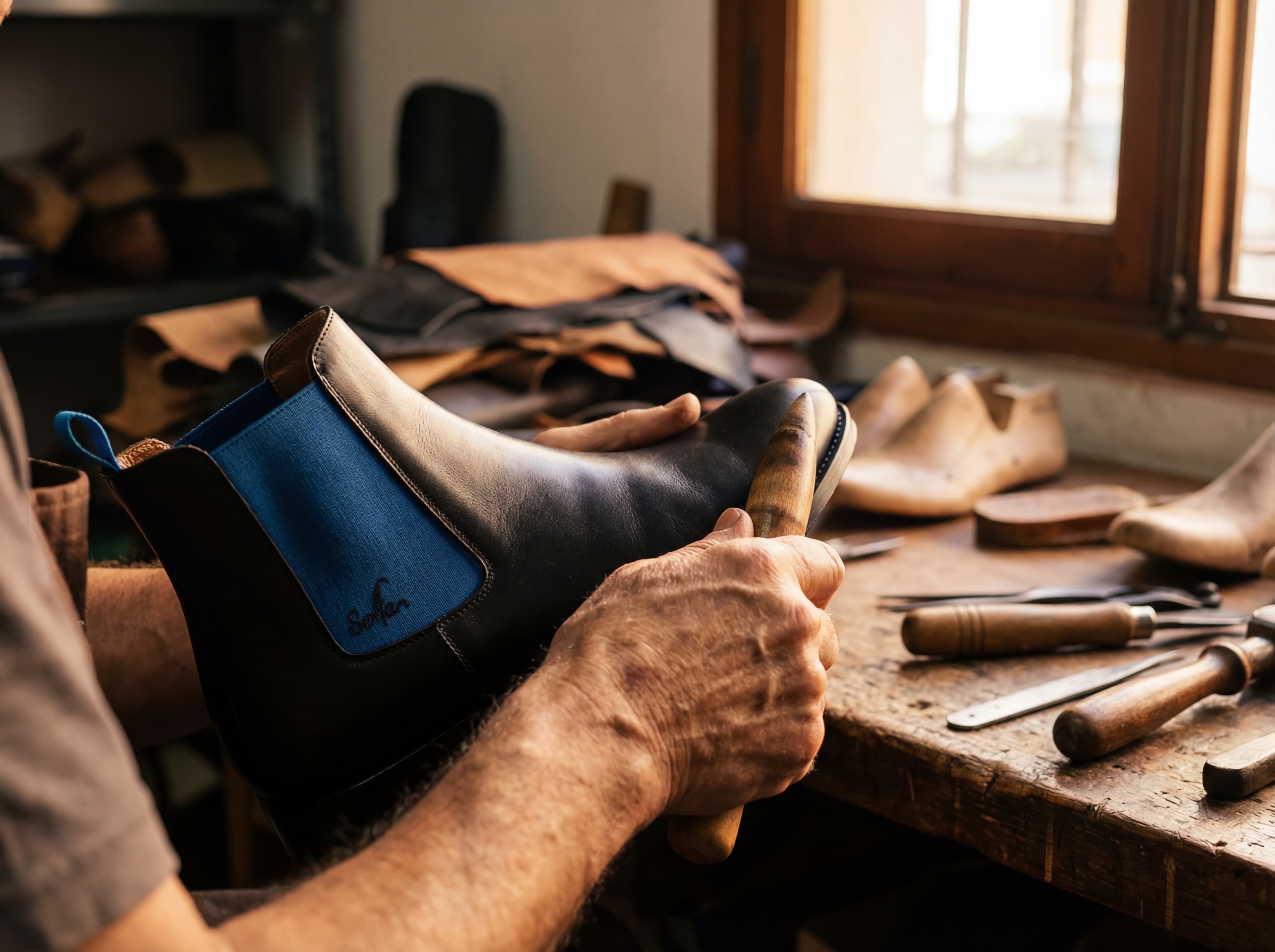 Serfan craftsmanship - Skilled artisan hands crafting a Chelsea boot in Spanish workshop