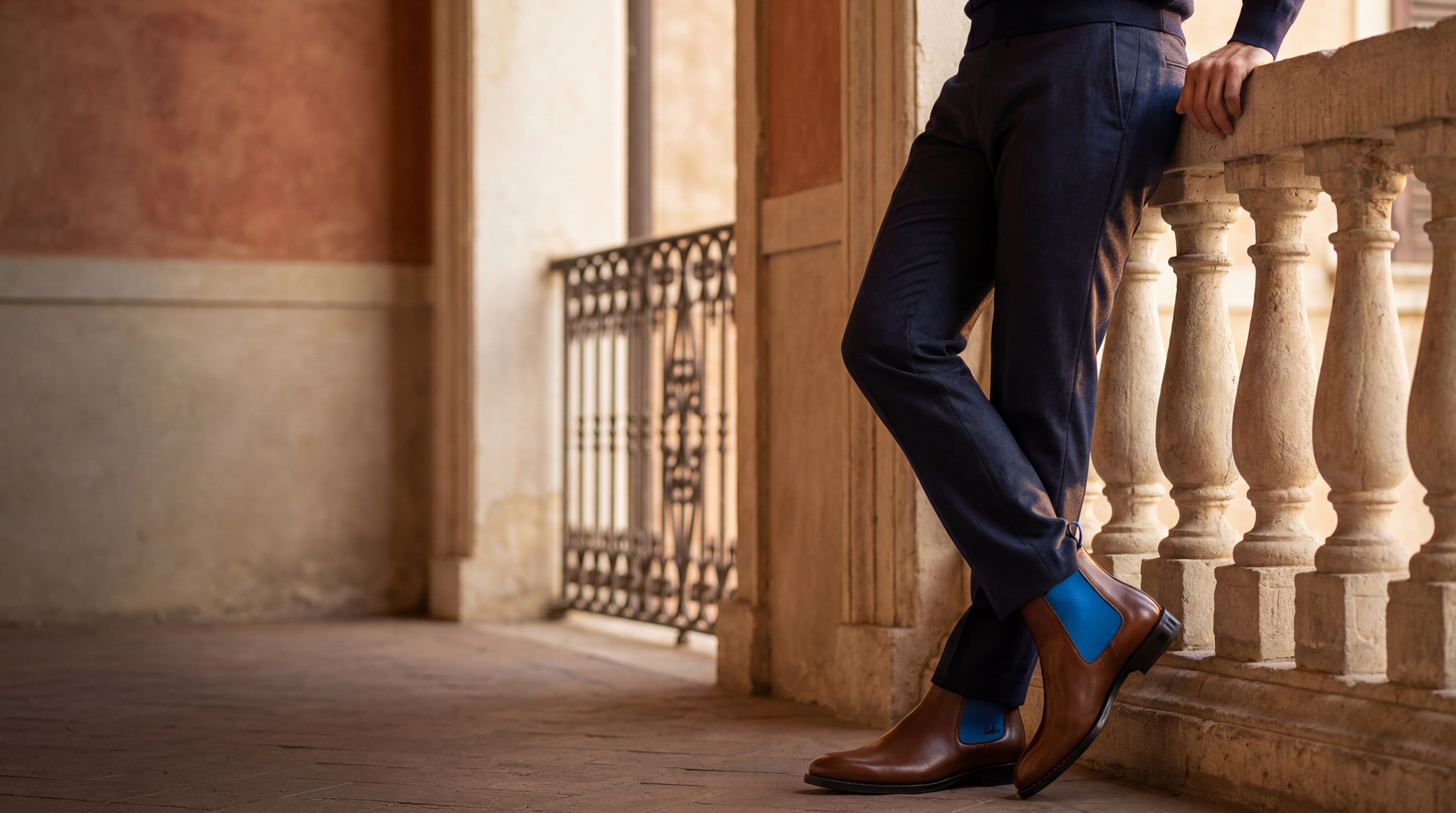 Serfan Chelsea Boot - Brown Leather with Cobalt Blue Accent